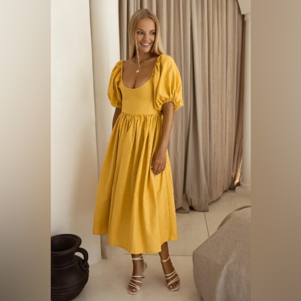ELF Handmade Cherie Puff Sleeve Midi Dress in Honey Cream XXL